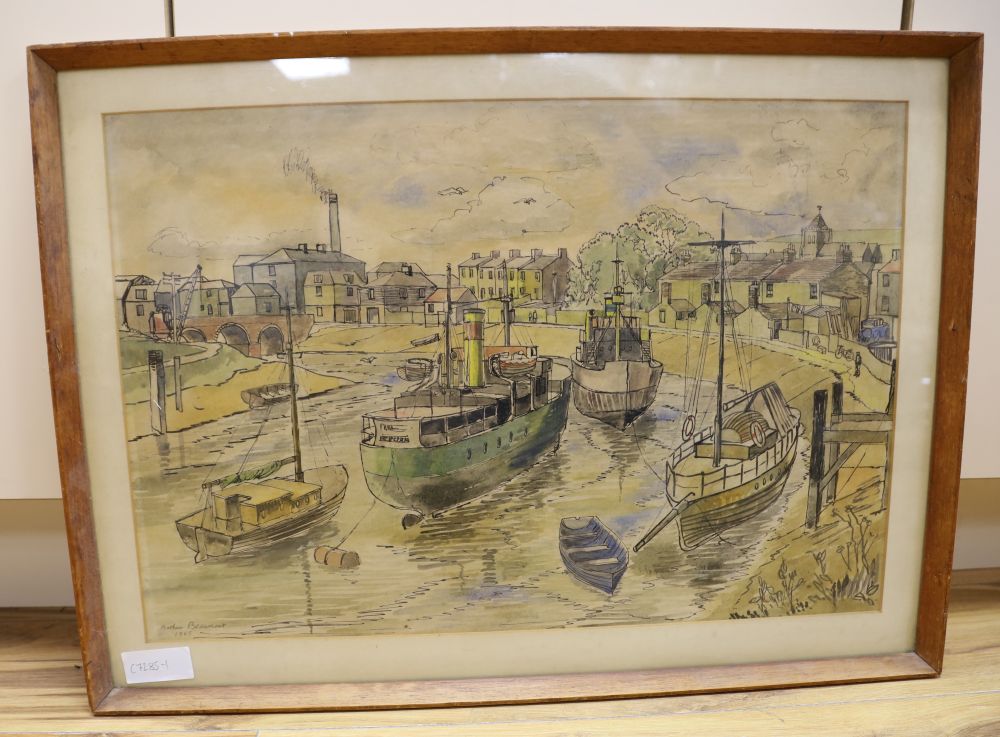 Arthur Beaumont, ink and watercolour, Boats at Newhaven, signed and dated 1965, 37 x 55cm